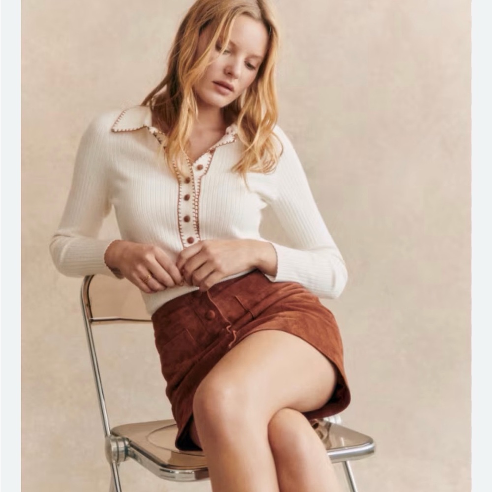 Sezane Armele Cream Ribbed Long-Sleeve Polo Sweater with Brown Trim